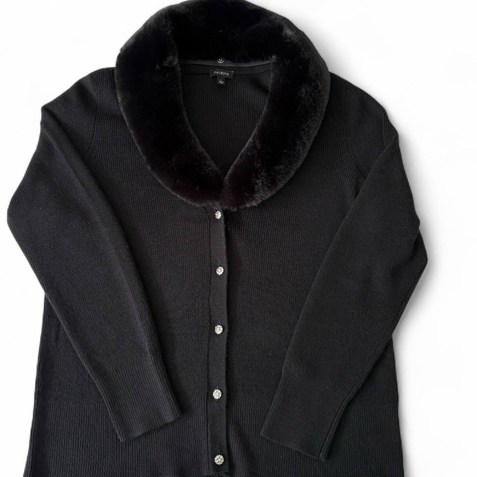 Talbots Dressy Black Cardigan,Faux Fur Collar, Sparkly Buttons